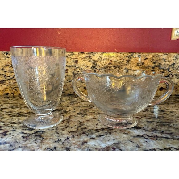 Hazel Atlas Florentine 1 Clear Sugar Creamer Set Antique Depression Glass Poppy - Picture 1 of 14